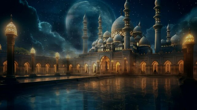 Stars fall from the sky at night in the mosque