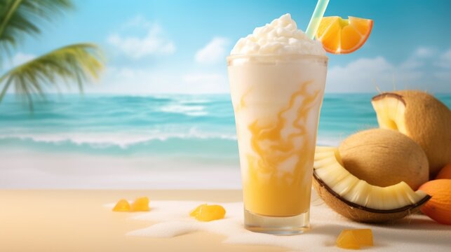 A mouthwatering food shot showcasing a Slurpee that pays homage to the enticing flavors of a tropical paradise. The drink features ripe mangoes, creamy coconut milk, and a splash of tangy