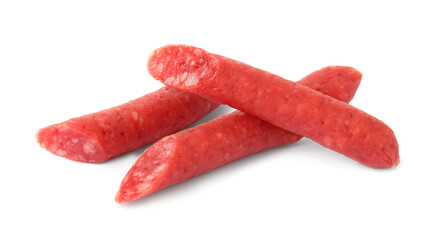 Thin dry smoked sausages isolated on white