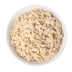 Tasty boiled oatmeal in bowl isolated on white, top view