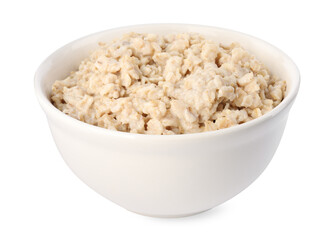 Tasty boiled oatmeal in bowl isolated on white