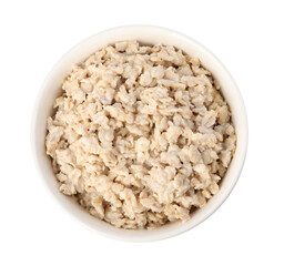 Tasty boiled oatmeal in bowl isolated on white, top view