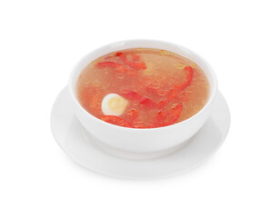 Tasty soup with egg and bell pepper in bowl isolated on white