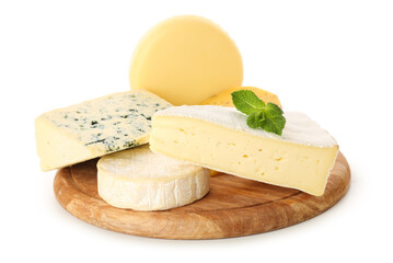 Wooden board with different types of cheese isolated on white background