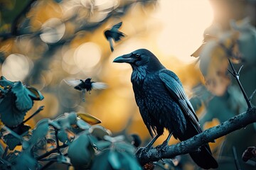 Around the crow, some small birds and insects freely fly among the twilight rays, 