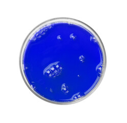 Petri dish with color liquid sample on white background, top view