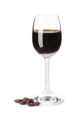 Shot glass with coffee liqueur and beans isolated on white