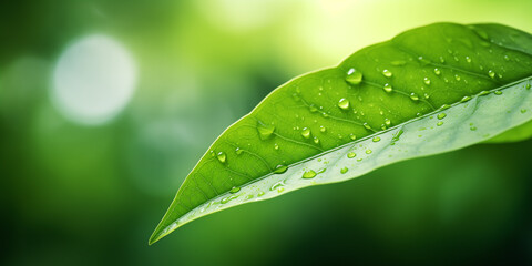 Green leaf with dew drops close-up on blurred background