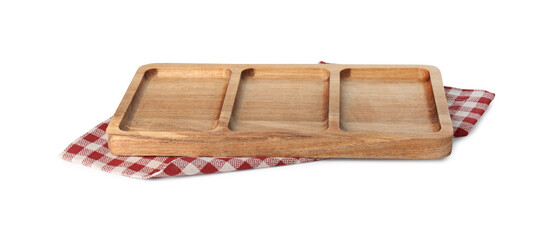 Wooden serving board and checkered towel isolated on white