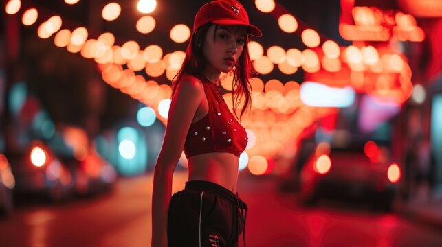 Street style vibes Elevate your street style game with this allred ensemble featuring sweatpants, a crop top, and a cap in complementary shades of black and red.