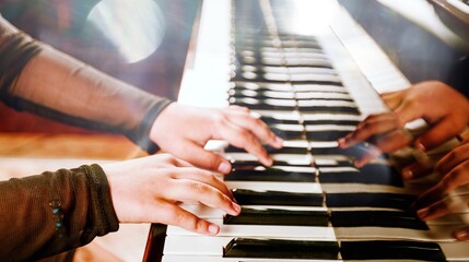 Human hands playing on the classic piano instrument