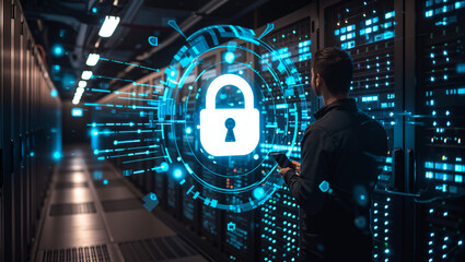 Cyber Security system in the computer server room, security and technology concept