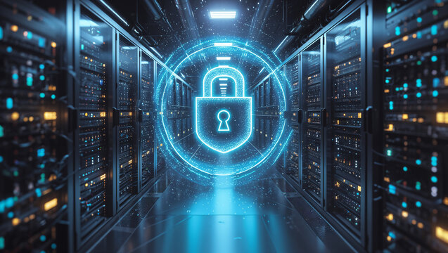 Cyber Security system in the computer server room, security and technology concept