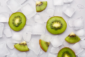 Sliced fresh kiwi and ice on grey background