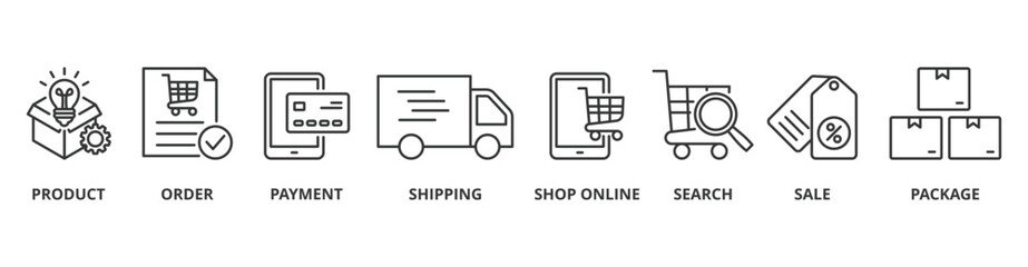 Shopping process banner web icon vector illustration concept with icon of product, order, payment, shipping, shop online, search, sale, package and delivery