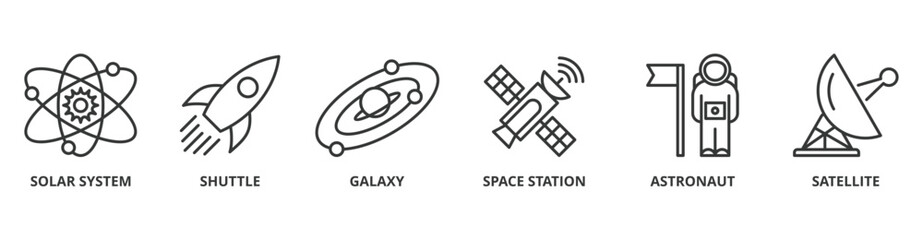 Space exploration banner web icon vector illustration concept with icon of the solar system, shuttle, galaxy, space station, astronaut, satellite © Galuh Sekar