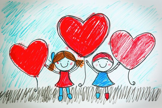 A delightful crayon drawing by a child, depicting two friends holding giant heart balloons, radiating joy and the celebratory spirit of Valentine's Day.
