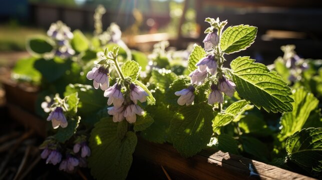 patchouli growing in garden at sunny day.
