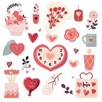 Set of  elements for Valentine's Day. Heart, car, balls, flowers, garland, sweets on a white background. Love stickers set