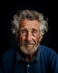 An old man with a deeply wrinkled face and curly white hair is looking expressionlessly at the camera. Studio shot photo on black background. Close up. Generative AI