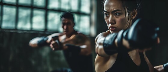 Young Asian woman with boxing gloves. Focused training - obrazy, fototapety, plakaty