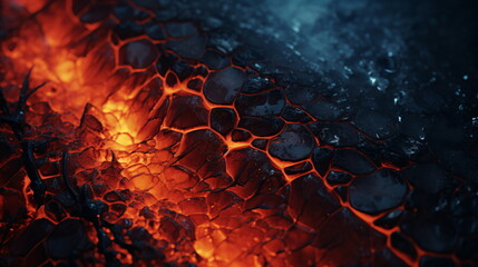 Close-up of hot lava spouting from a volcano flowing through black rocks. Lava, coal texture background. Top view. 