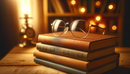 Elegantly perched atop a stack of aged books, a pair of round reading glasses reflects the warm glow of soft lights, evoking a cozy, intellectual atmosphere. 