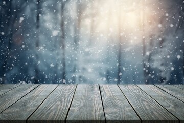 The empty blank wooden table with winter background
