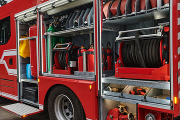 A state-of-the-art firetruck, equipped with advanced rescue technology, stands ready with its...