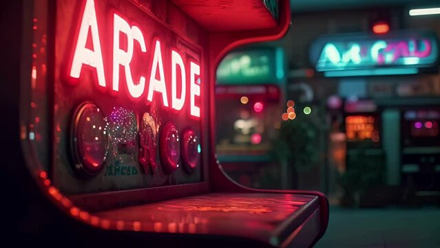 Glowing Retro Arcades with Video Game Cabinets and Neon Signs. Cinematic Footage. Commercial / Product Concept Imagery. Animated Background / Live Wallpaper. Three Clips.