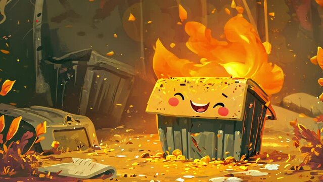 Smiling Cartoon Dumpster Fire. Cute Garbage Bin Fire with Floating Sparks. Looping. Animated Background / Wallpaper. VJ / Vtuber / Streamer Backdrop. Seamless Loop.