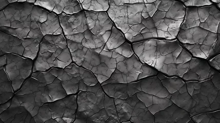 Fotobehang Black and white broken and cracked surface texture pattern background. Dry soil, drought, desert concept. Generative AI © seogi