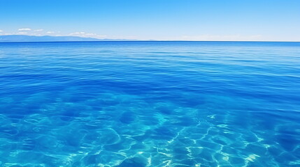 Fototapeta na wymiar A calm, serene, wide blue sea landscape bordering the blue sky. Generative AI