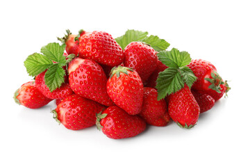 Heap of fresh strawberries with leaves on white background