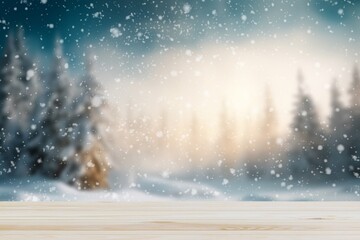 The empty blank wooden table with winter background