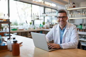 Fototapeta na wymiar Professional health care researcher working in life of medical science laboratory, researcher with computer in table, man in glasses smiling - Generative AI