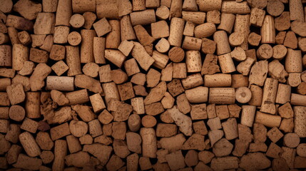 A close-up of various shapes and sizes of wine corks piled up. Cork texture pattern background. top veiw.