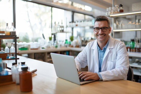 Professional health care researcher working in life of medical science laboratory, researcher with computer in table, man in glasses smiling - Generative AI