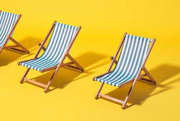 Deckchair with blue and white striped pattern isolated on yellow studio background with shadow of deckchair. Summer vacation travel relaxation concept. Generative AI