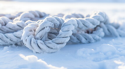 Close-up of a frosted rope lying on a snowy ground. winter landscape.