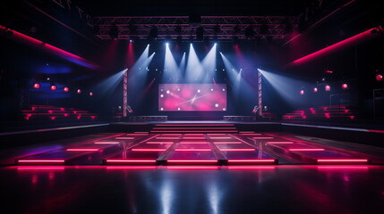 An empty concert hall decorated colorfully with pink neon lights, and spotlights pouring down on an empty stage with a screen. Generative AI - obrazy, fototapety, plakaty