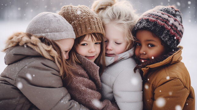 Detailed upscaler, group of kids wrapped up in warm clothes hugging outdoors in winter, low point of view - Generative AI