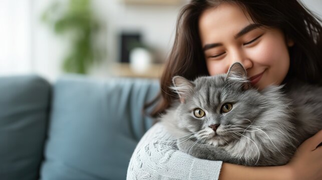 Happy young asian woman hugging cute grey persian cat on couch in living room at home, Adorable domestic pet concept
