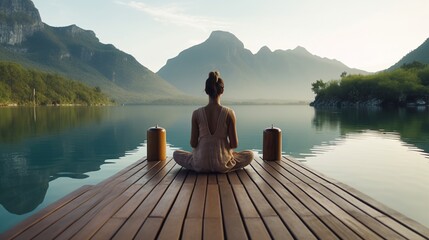 Obraz premium Woman meditating while practicing yoga near lake in summer, sitting on wooden pierRear 