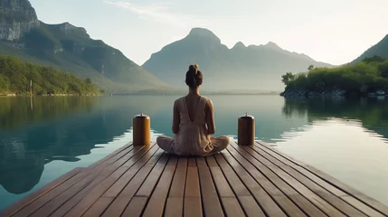 Foto op Canvas Woman meditating while practicing yoga near lake in summer, sitting on wooden pierRear  © Mas