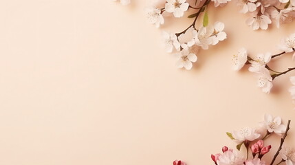 Flowers lie flat on a  background. Spring greeting card with copy space. Spring frame border. Spring concept. Top view. Closeup. Generative AI