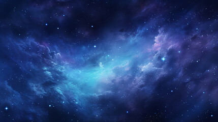 Naklejka na ściany i meble A blue light night sky full of stars, nebulae and canals. Blue starlight of the space galaxy. Starry night sky. Generative AI