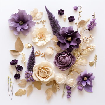Artificial flowers or paper flowers of various shapes in purple, cream and gold on a white background. Top view. Flat lay. Generative AI