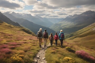 Family hiking in the mountains on a sunny day. They are looking at the beautiful landscape. - obrazy, fototapety, plakaty