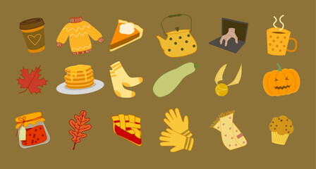 fall atmosphere, pumpkin, coffee, pie, pumpkin pie, warm socks, mittens, scarf, jam, fall, pancakes, kettle. hot cocoa, muffin, leaves, sweater, zucchini, series, movies